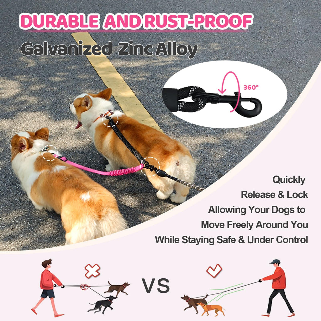 LEOSASA Double Dog Leash 360° Swivel Tangle-Free Splitter for Two Dogs, Fuchsia