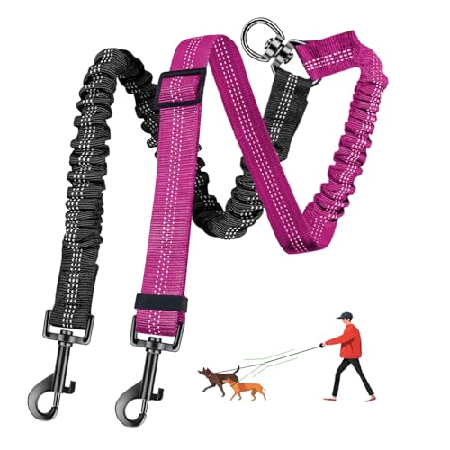 LEOSASA Double Dog Leash 360° Swivel Tangle-Free Splitter for Two Dogs, Fuchsia