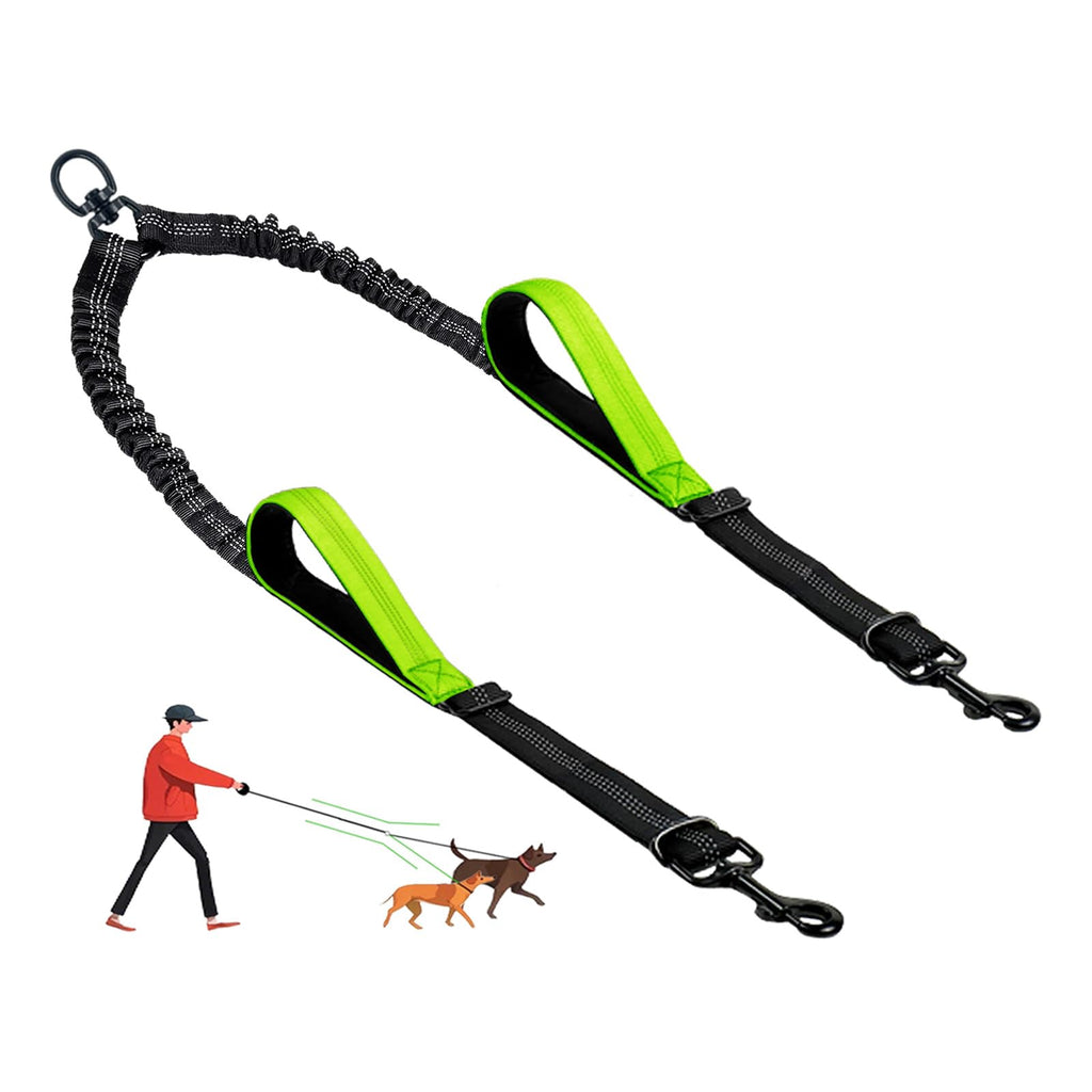 LEOSASA Double Dog Leash Coupler - No Tangle Splitter for Two Dogs with Adjustable Lead, Dual Handles, Reflective Strap - Green