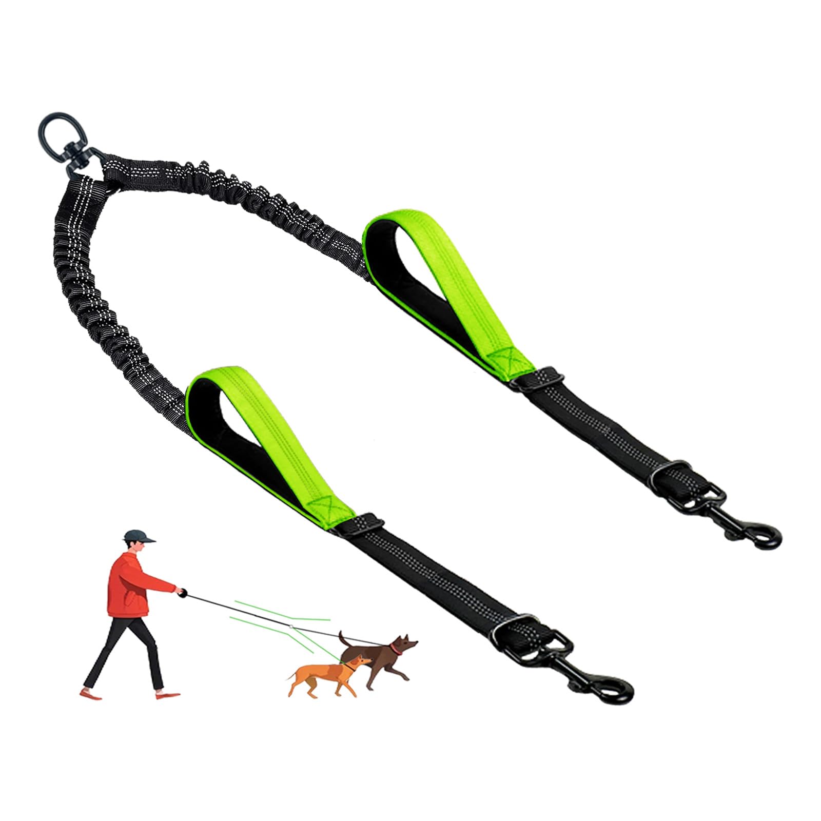 LEOSASA Double Dog Leash Coupler - No Tangle Splitter for Two Dogs with Adjustable Lead, Dual Handles, Reflective Strap - Green