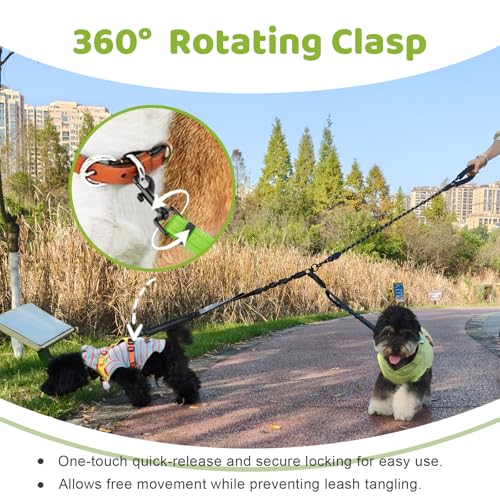 LEOSASA Double Dog Leash Coupler - No Tangle Splitter for Two Dogs with Adjustable Lead, Dual Handles, Reflective Strap - Green