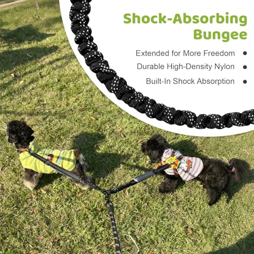 LEOSASA Double Dog Leash Coupler - No Tangle Splitter for Two Dogs with Adjustable Lead, Dual Handles, Reflective Strap - Green