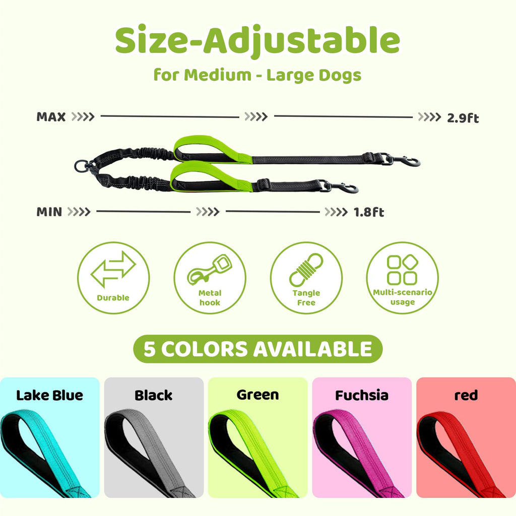 LEOSASA Double Dog Leash Coupler - No Tangle Splitter for Two Dogs with Adjustable Lead, Dual Handles, Reflective Strap - Green