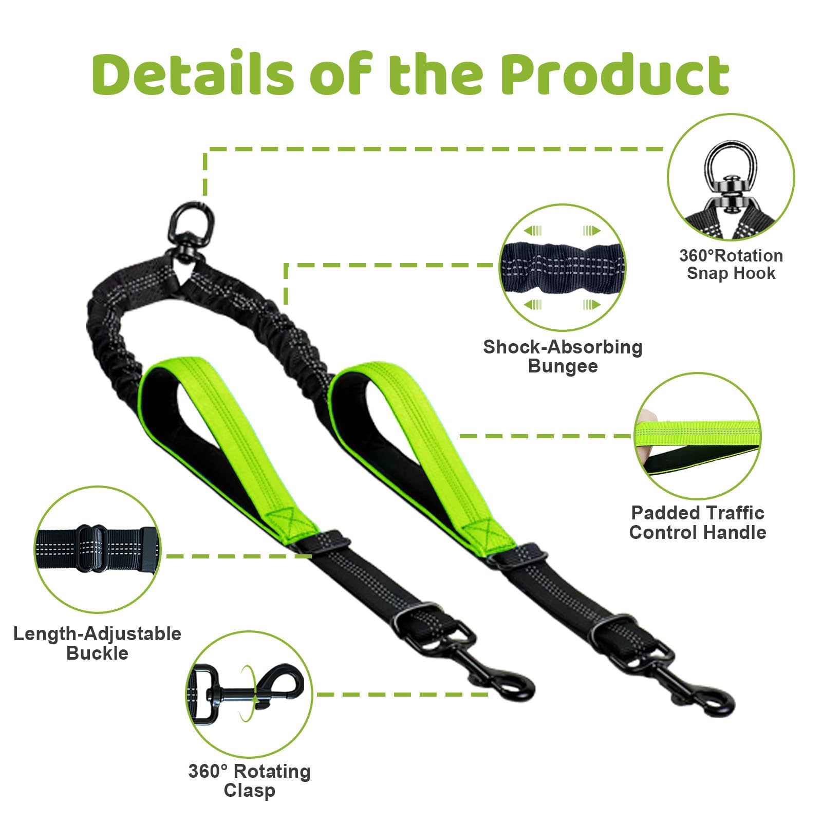 LEOSASA Double Dog Leash Coupler - No Tangle Splitter for Two Dogs with Adjustable Lead, Dual Handles, Reflective Strap - Green