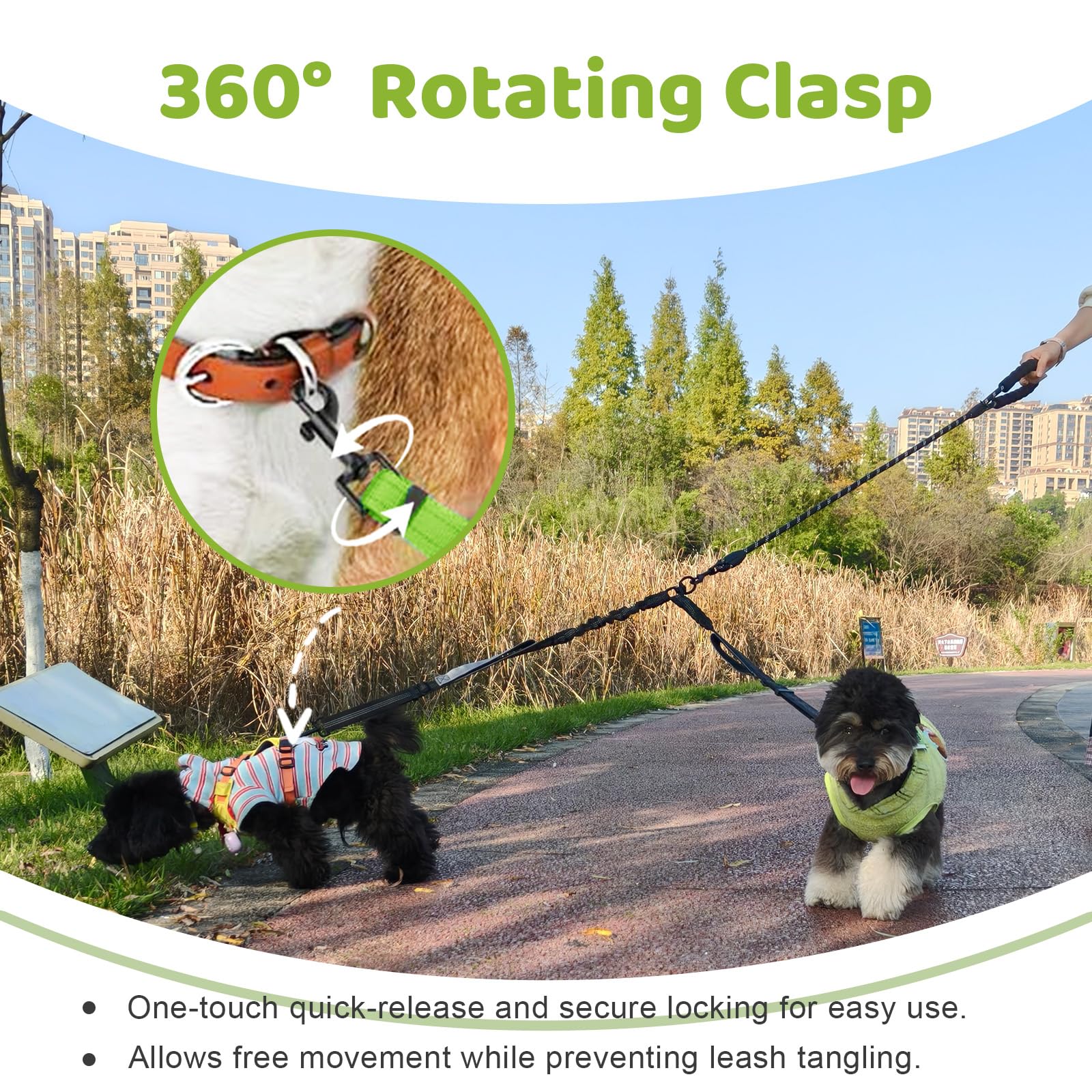 LEOSASA Double Dog Leash Coupler - No Tangle Splitter for Two Dogs with Adjustable Lead, Dual Handles, Reflective Strap - Green