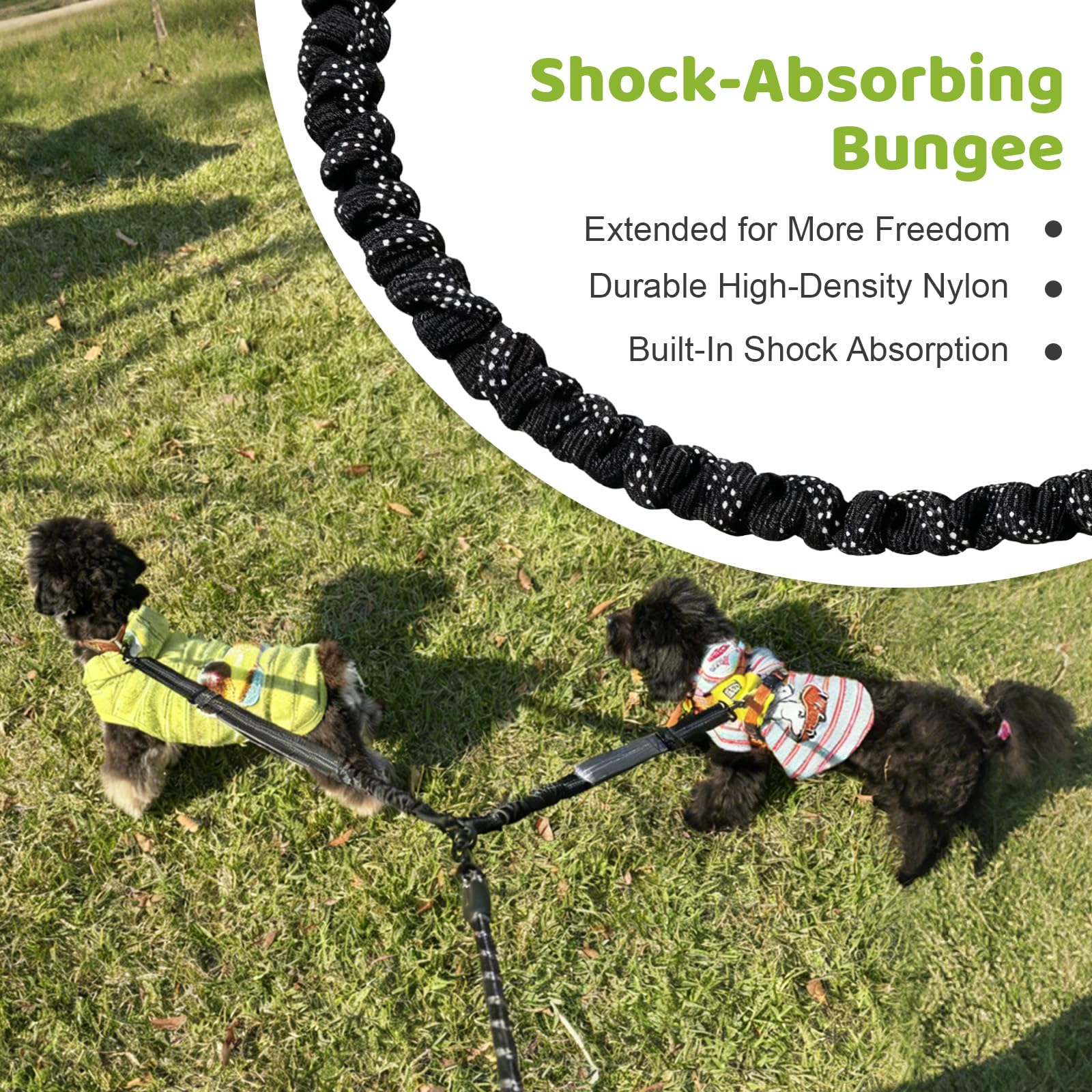 LEOSASA Double Dog Leash Coupler - No Tangle Splitter for Two Dogs with Adjustable Lead, Dual Handles, Reflective Strap - Green