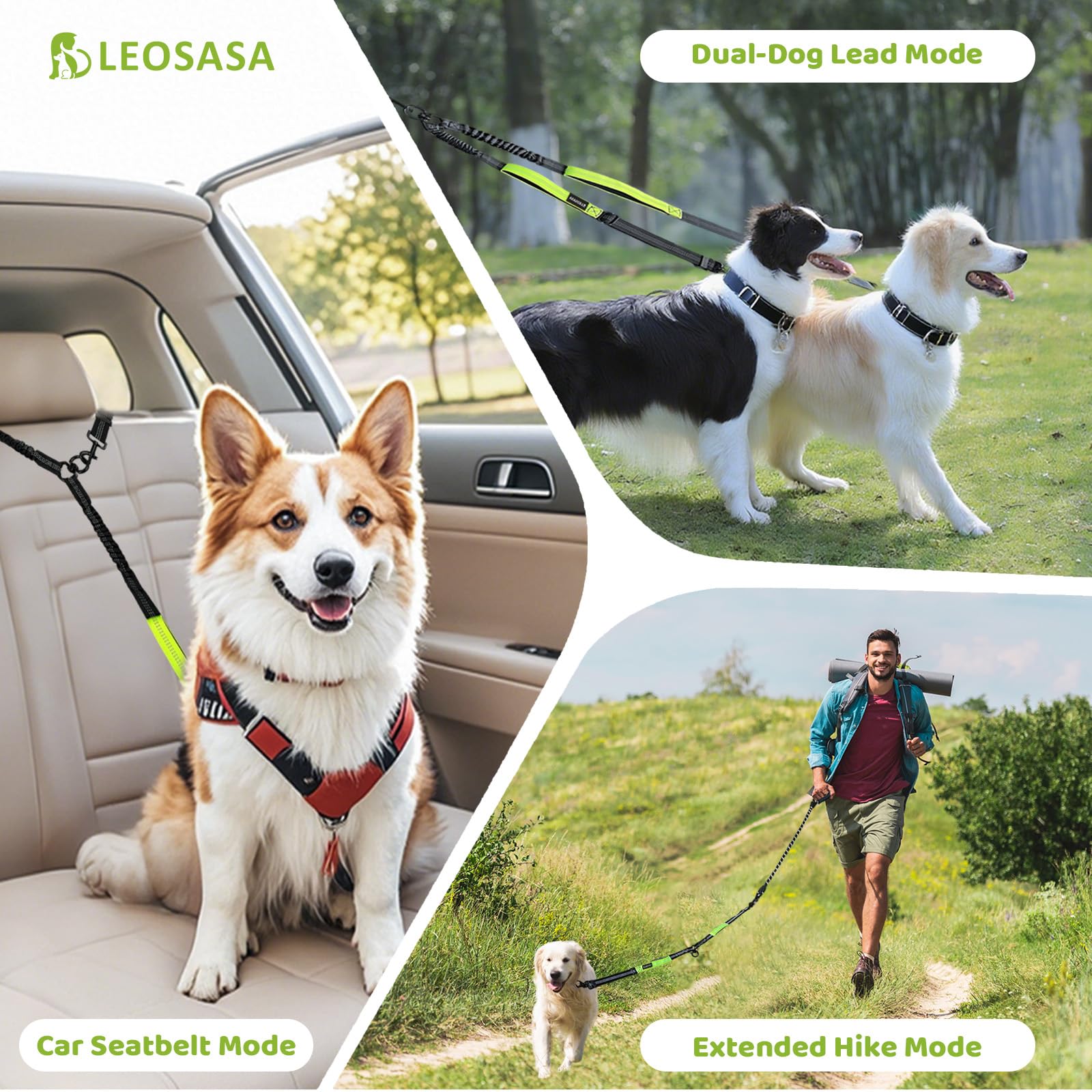 LEOSASA Double Dog Leash Coupler - No Tangle Splitter for Two Dogs with Adjustable Lead, Dual Handles, Reflective Strap - Green