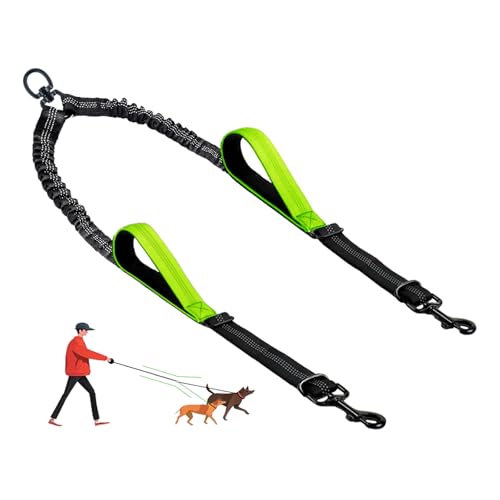 LEOSASA Double Dog Leash Coupler - No Tangle Splitter for Two Dogs with Adjustable Lead, Dual Handles, Reflective Strap - Green
