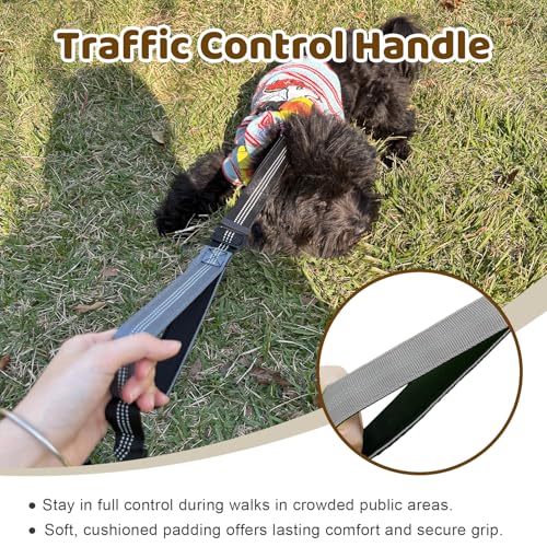 LEOSASA Double Dog Leash – No Tangle Coupler with Bungee, Adjustable Lead, Traffic Handle, Reflective, Grey