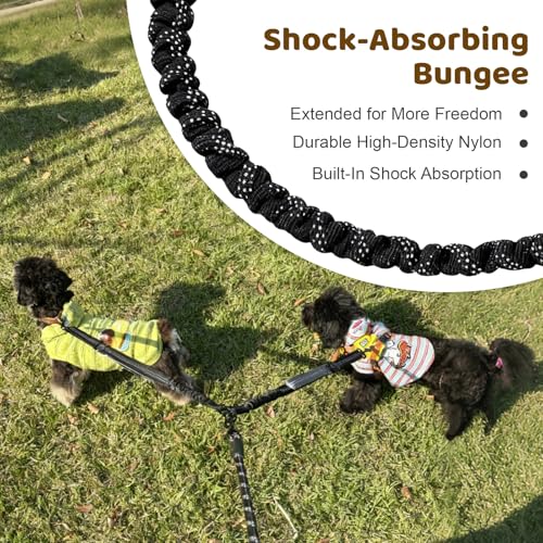 LEOSASA Double Dog Leash – No Tangle Coupler with Bungee, Adjustable Lead, Traffic Handle, Reflective, Grey