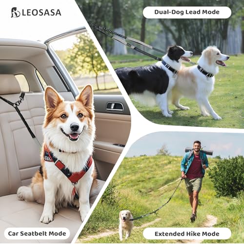 LEOSASA Double Dog Leash – No Tangle Coupler with Bungee, Adjustable Lead, Traffic Handle, Reflective, Grey