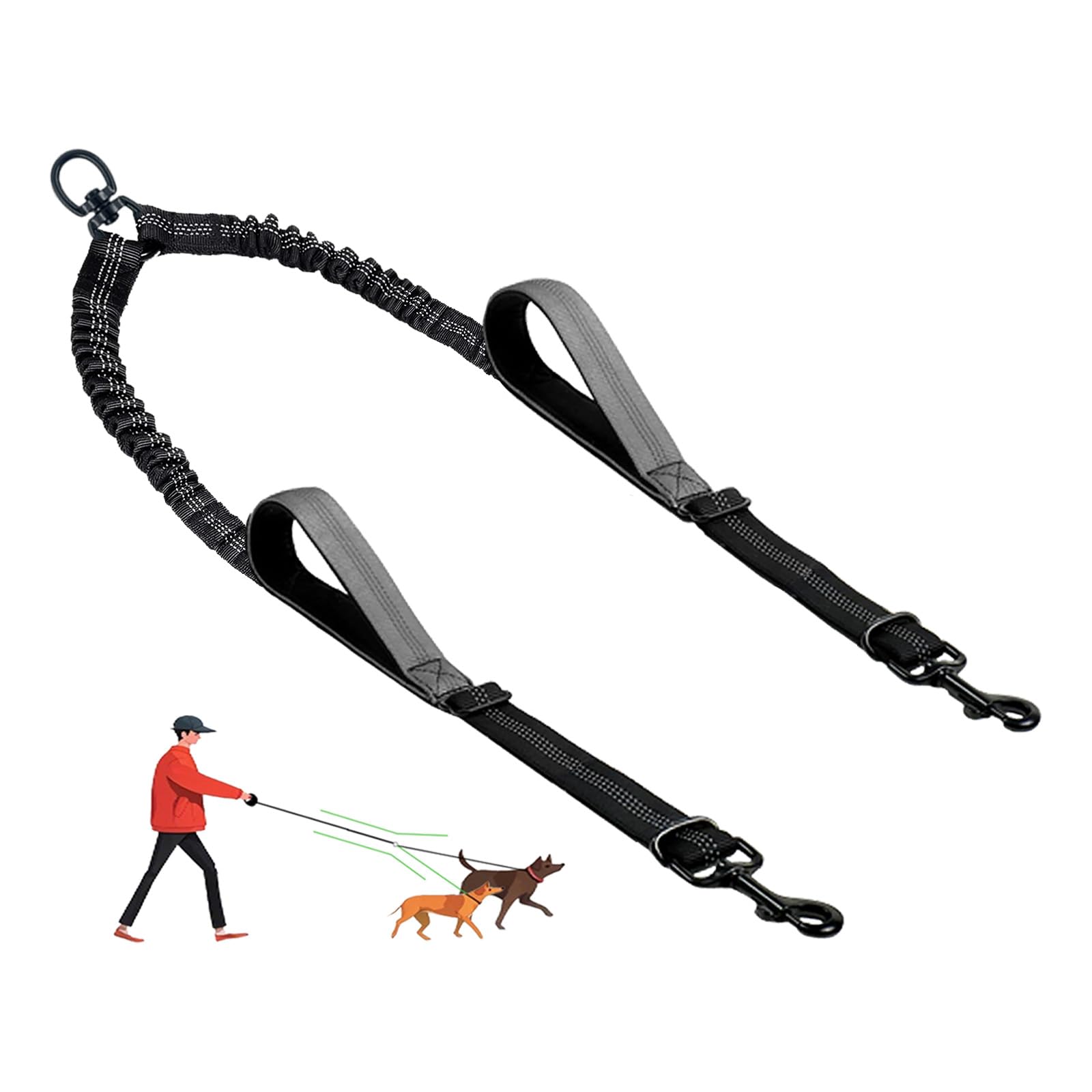 LEOSASA Double Dog Leash – No Tangle Coupler with Bungee, Adjustable Lead, Traffic Handle, Reflective, Grey
