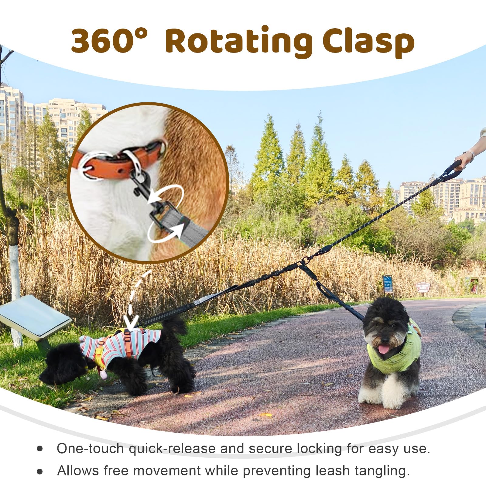 LEOSASA Double Dog Leash – No Tangle Coupler with Bungee, Adjustable Lead, Traffic Handle, Reflective, Grey