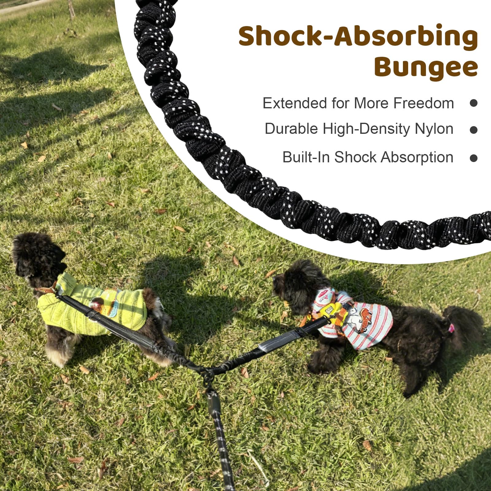 LEOSASA Double Dog Leash – No Tangle Coupler with Bungee, Adjustable Lead, Traffic Handle, Reflective, Grey