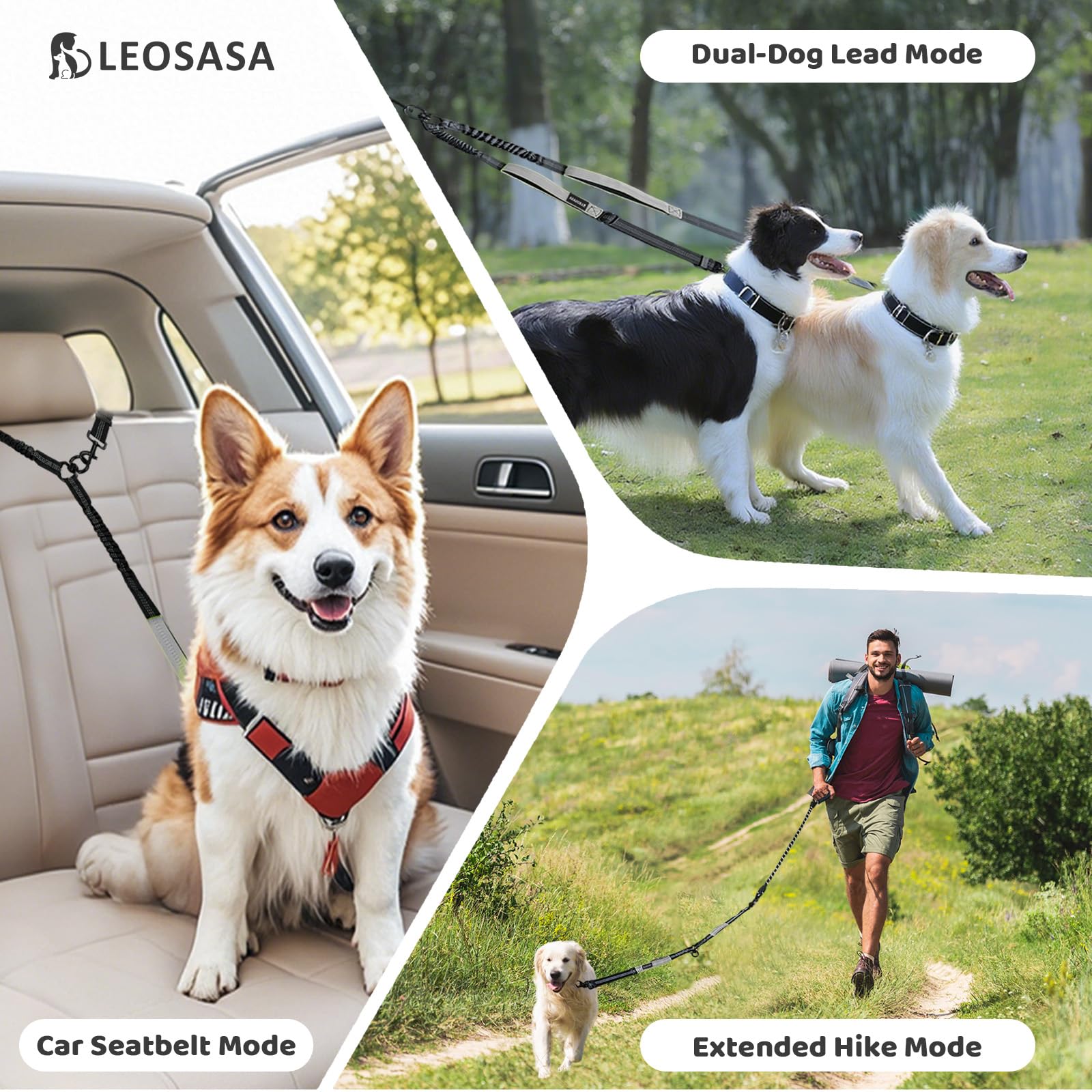 LEOSASA Double Dog Leash – No Tangle Coupler with Bungee, Adjustable Lead, Traffic Handle, Reflective, Grey