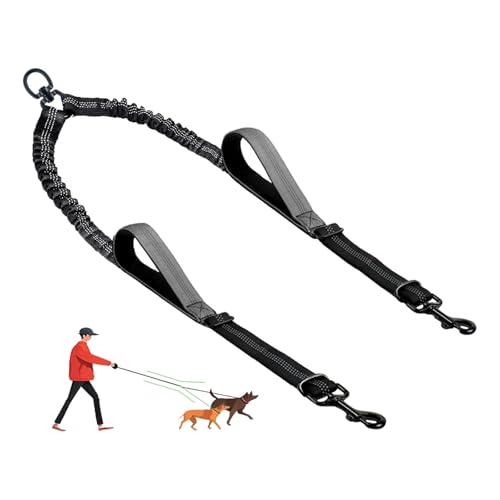 LEOSASA Double Dog Leash – No Tangle Coupler with Bungee, Adjustable Lead, Traffic Handle, Reflective, Grey