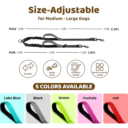 LEOSASA Double Dog Leash – No Tangle Coupler with Bungee, Adjustable Lead, Traffic Handle, Reflective, Grey