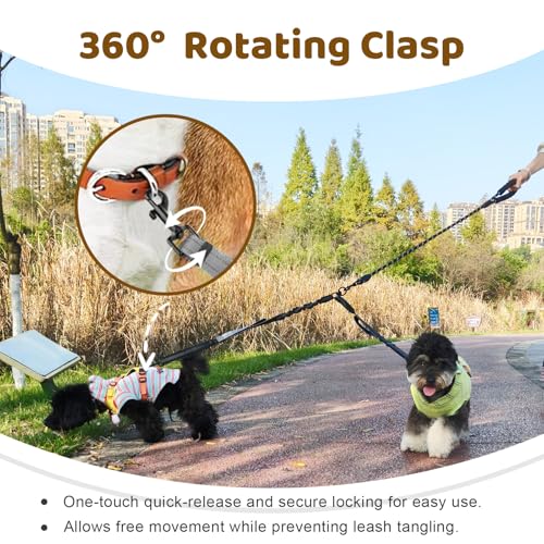 LEOSASA Double Dog Leash – No Tangle Coupler with Bungee, Adjustable Lead, Traffic Handle, Reflective, Grey