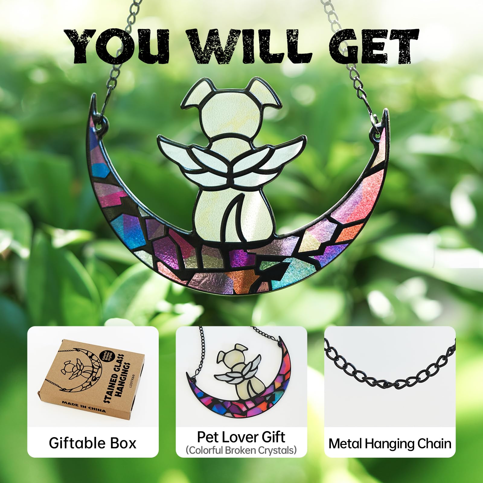 Leotrag Stained Glass Angel Dog Memorial Window Hanging - Handmade Pet Sympathy Gift