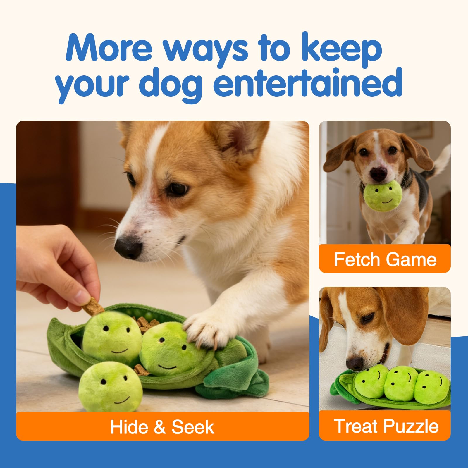 Lepawit Hide and Seek Dog Toys - Interactive Plush Puzzle with Squeaky Pea Balls (Pack of 3) for Small Medium Dogs