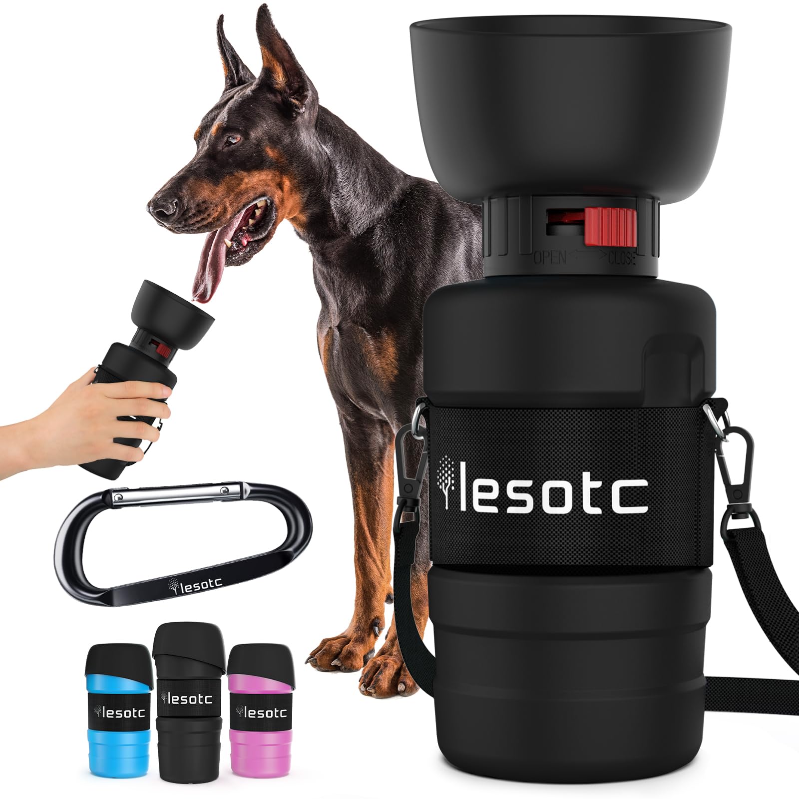 lesotc Dog Water Bottle 28oz - Portable Water Dispenser with Foldable Bowl, Leak-Proof, BPA-Free Plastic for Travel Hiking Camping