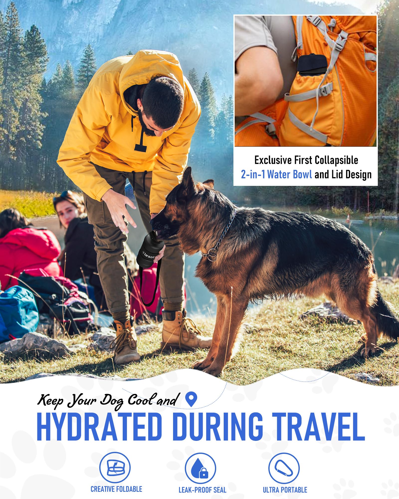 lesotc Dog Water Bottle 28oz - Portable Water Dispenser with Foldable Bowl, Leak-Proof, BPA-Free Plastic for Travel Hiking Camping