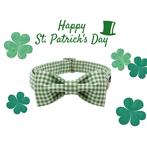 Lionet Paws Handmade Cotton Dog Collar with Bowtie for X-Large Dogs - Adjustable 16-26 Inch Neck, Green & White Grid