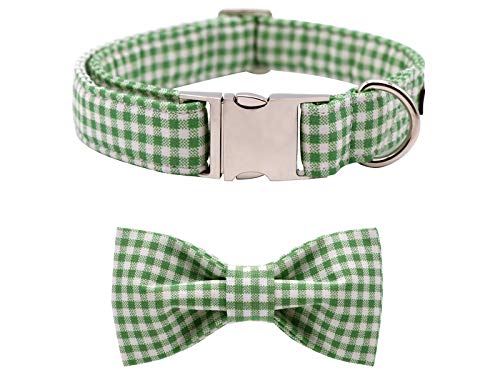 Lionet Paws Handmade Cotton Dog Collar with Bowtie for X-Large Dogs - Adjustable 16-26 Inch Neck, Green & White Grid