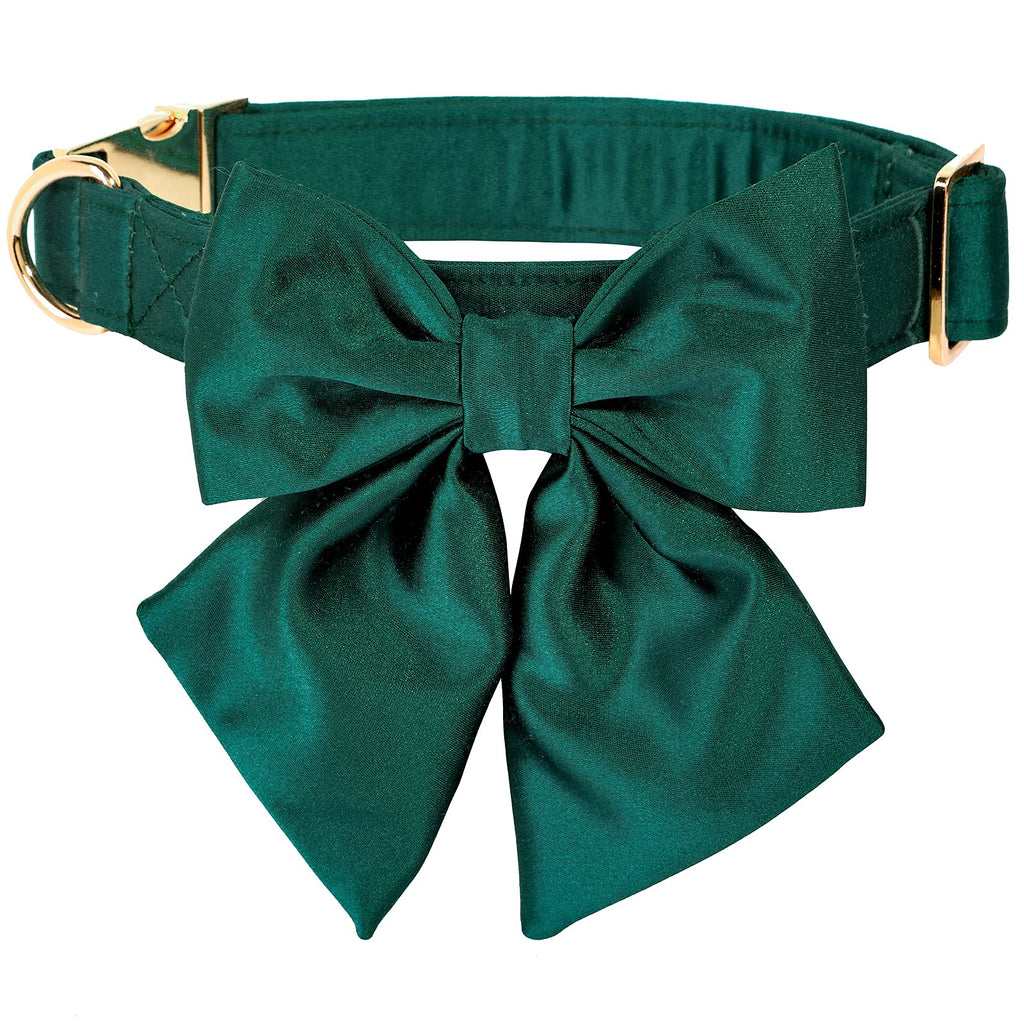 Lionet Paws Silk Dog Collar with Detachable Bow Tie – Fits Neck 13.5–22 Inches, Black Green