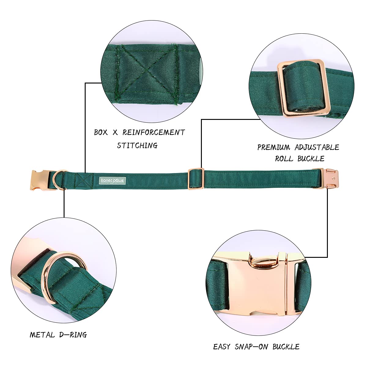 Lionet Paws Silk Dog Collar with Detachable Bow Tie – Fits Neck 13.5–22 Inches, Black Green