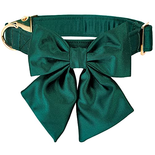 Lionet Paws Silk Dog Collar with Detachable Bow Tie – Fits Neck 13.5–22 Inches, Black Green