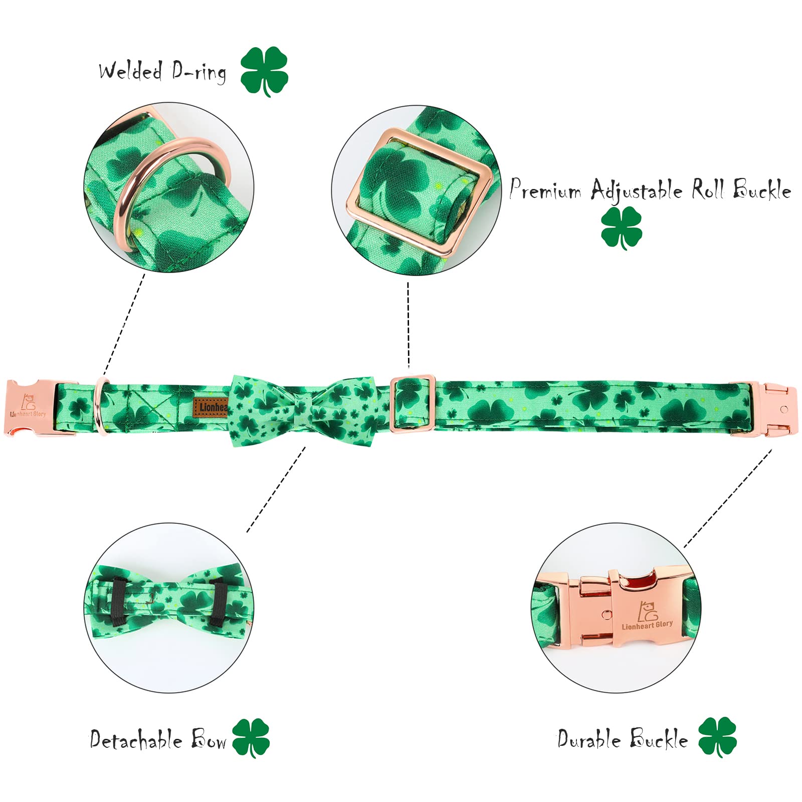 Lionheart glory Clover Dog Collar - Adjustable Cotton Collar with Handmade Bowtie for Medium Dogs