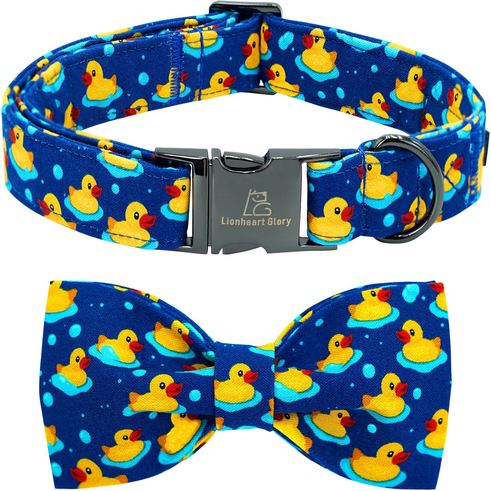 Lionheart glory Ducky Pattern Dog Bow Collar for Small Dogs - Adjustable Cotton Collar with Handmade Bowtie