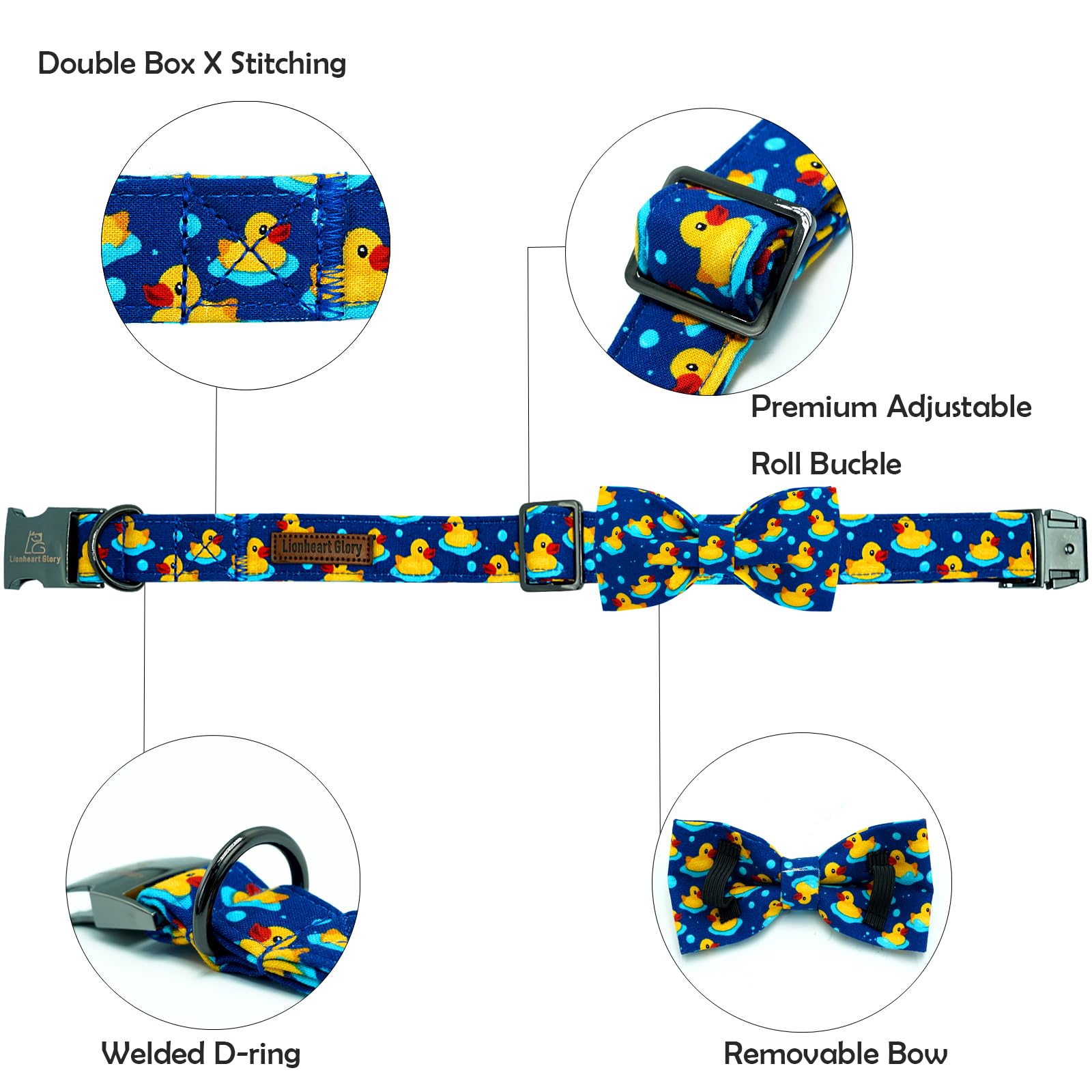 Lionheart glory Ducky Pattern Dog Bow Collar for Small Dogs - Adjustable Cotton Collar with Handmade Bowtie