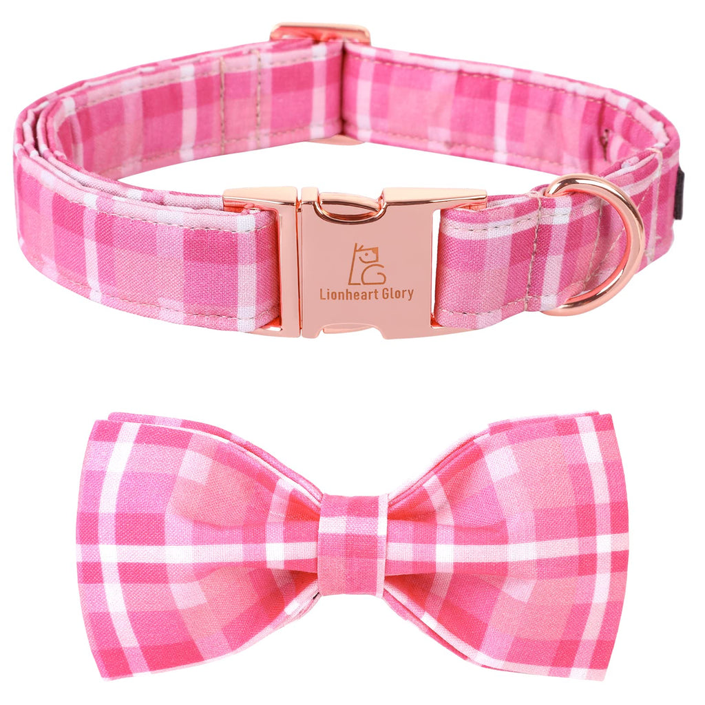 Lionheart glory Pink Plaid Dog Collar with Bowtie for Large Dogs - Adjustable Cotton