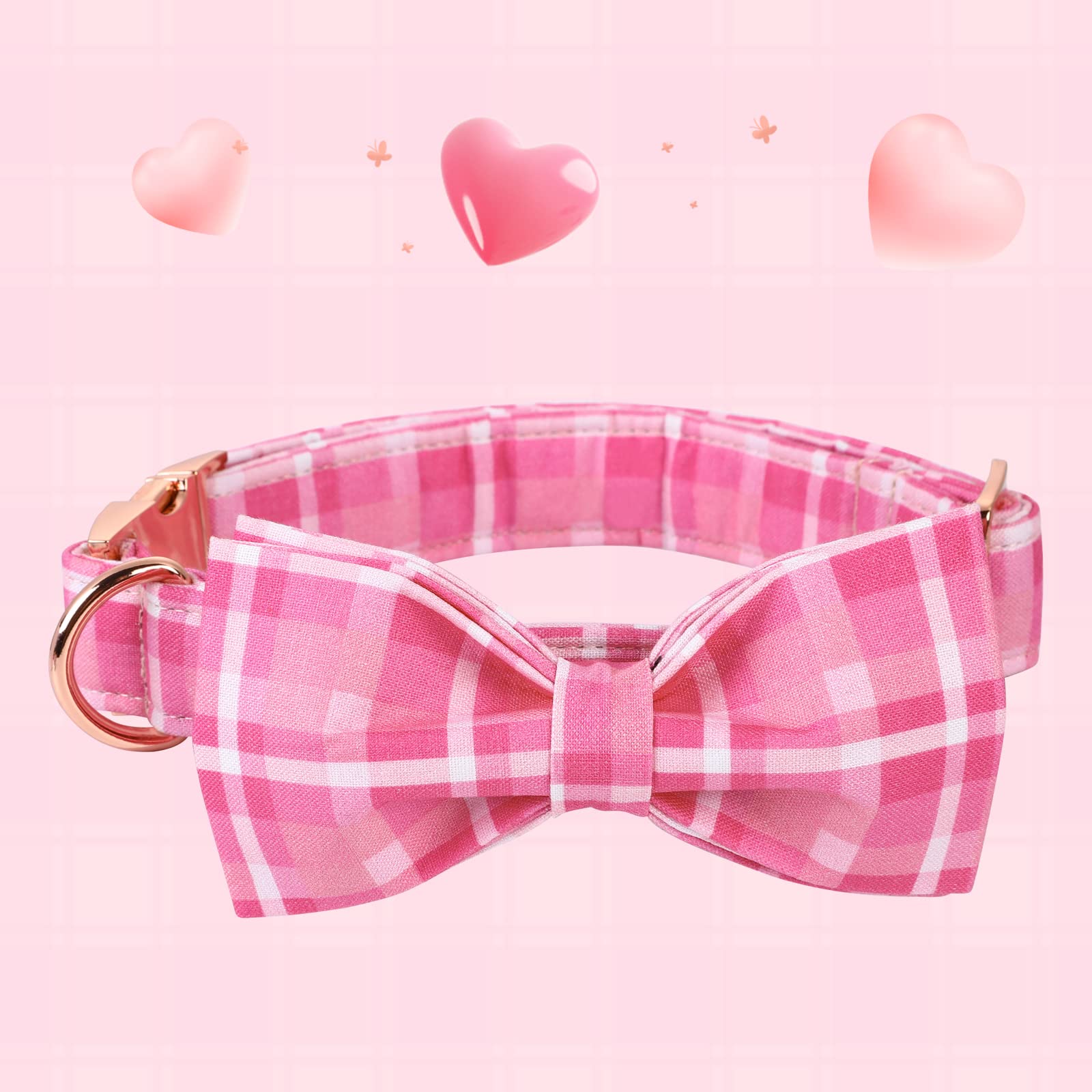 Lionheart glory Pink Plaid Dog Collar with Bowtie for Large Dogs - Adjustable Cotton