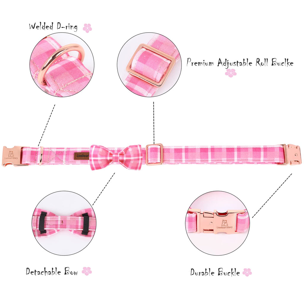 Lionheart glory Pink Plaid Dog Collar with Bowtie for Large Dogs - Adjustable Cotton