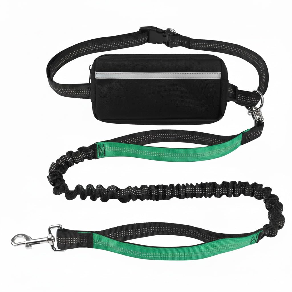 Ljovy Hands-Free Dog Leash with Waist Belt, Zipper Pouch, Reflective Stitching – for Running, Walking, Hiking (Black Teal)