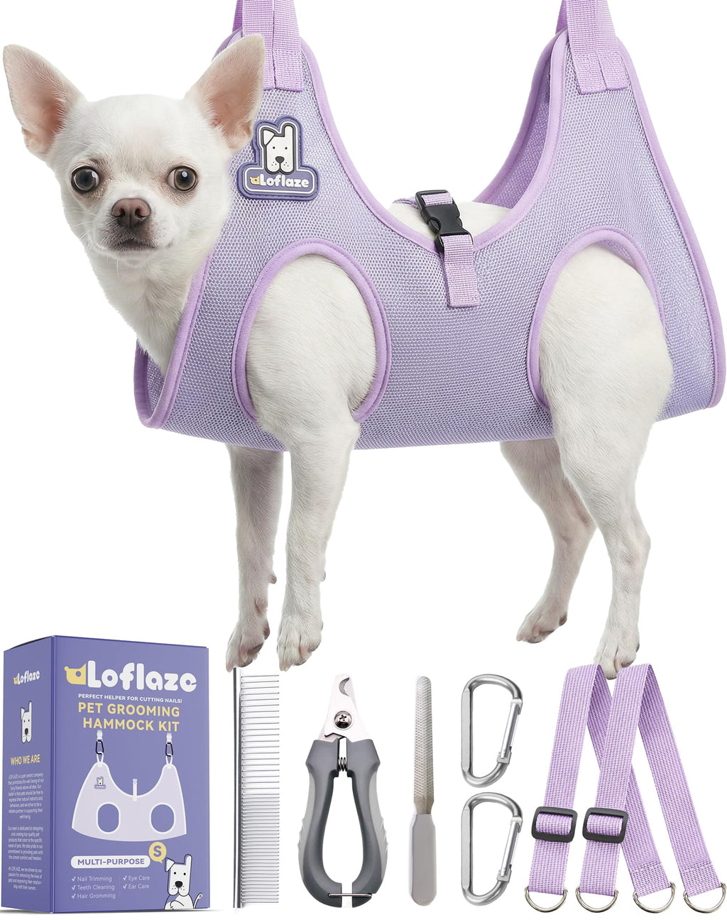 Loflaze Dog Grooming Hammock Harness - Purple XS for Small Pets up to 20lb with Nail Clipper Kit