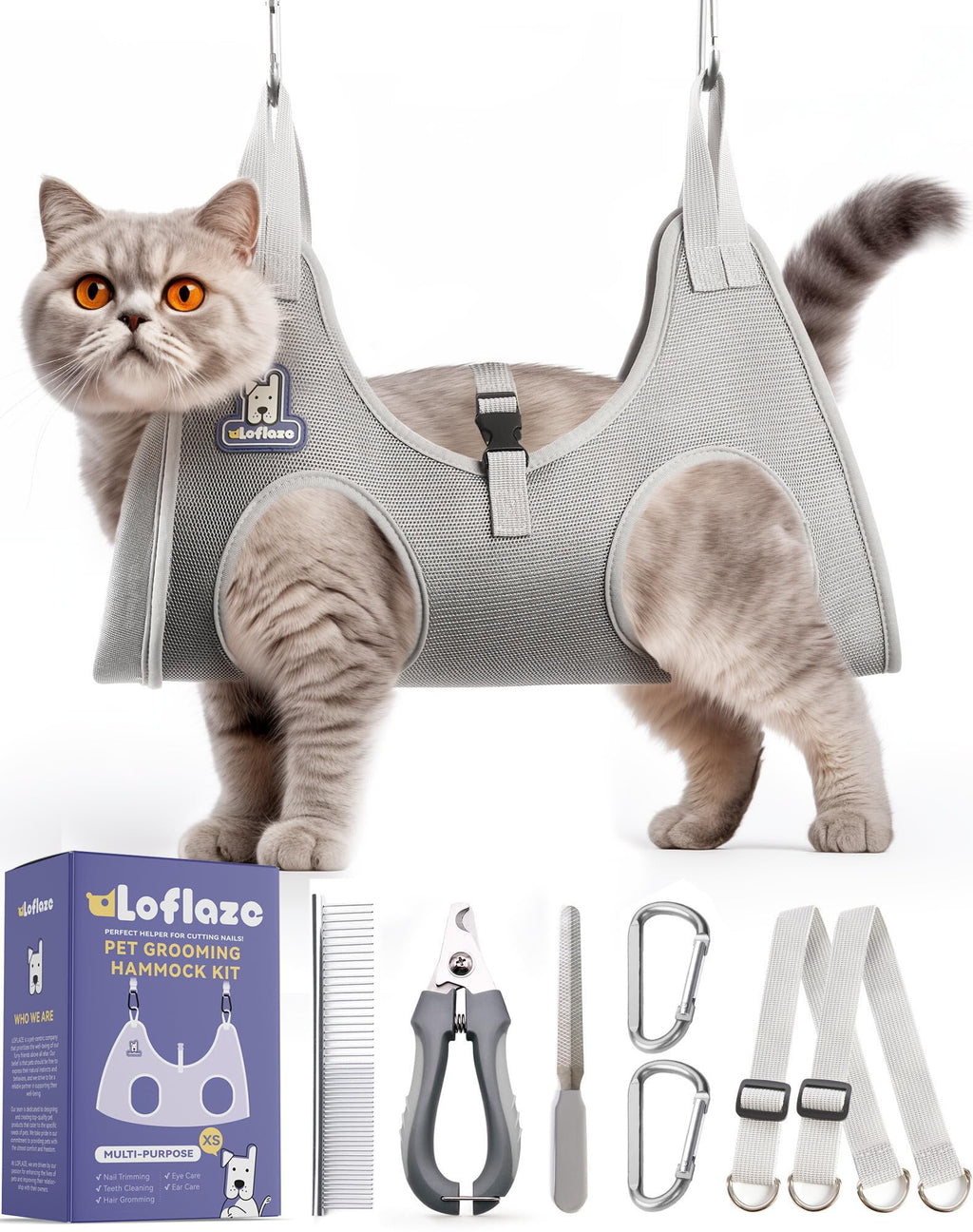 Loflaze Dog Grooming Hammock Harness for Pets with Nail Clipper - Grey XS