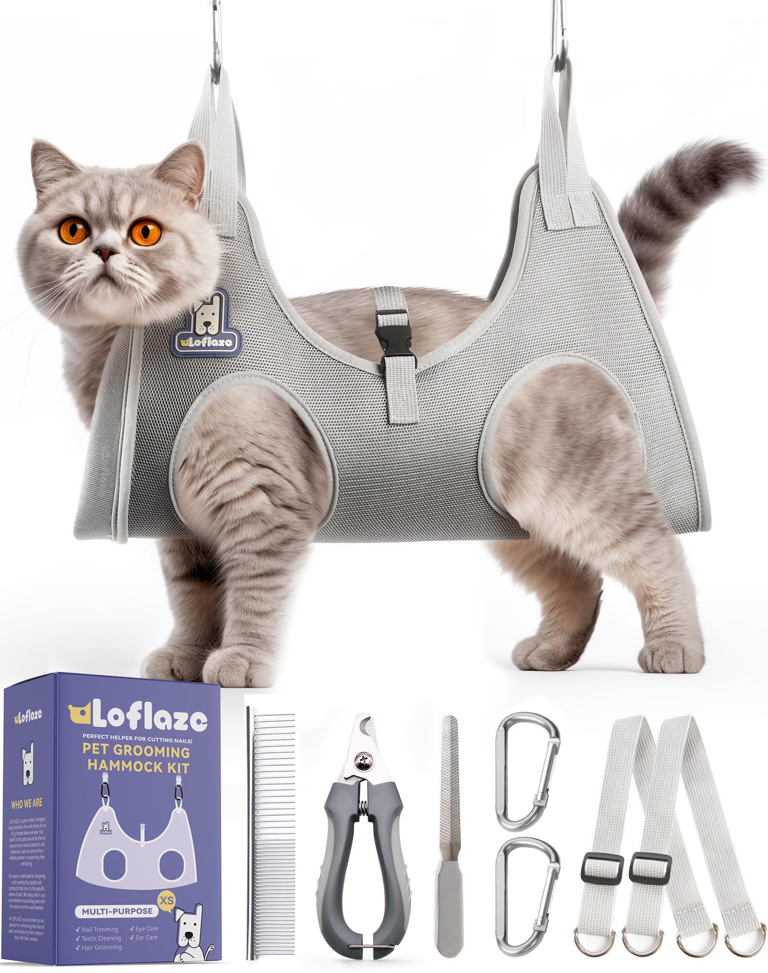 Loflaze Dog Grooming Hammock Harness for Pets with Nail Clipper - Grey XS
