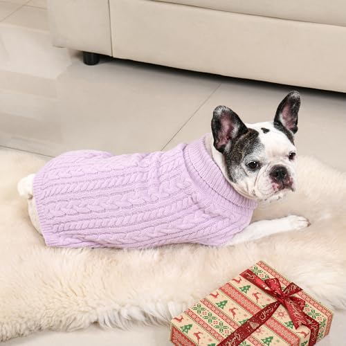 Lorehelina Dog Sweater 2 Pack for Medium Dogs, Size L - Pink & Purple Cable Knit Turtleneck, Machine Washable
