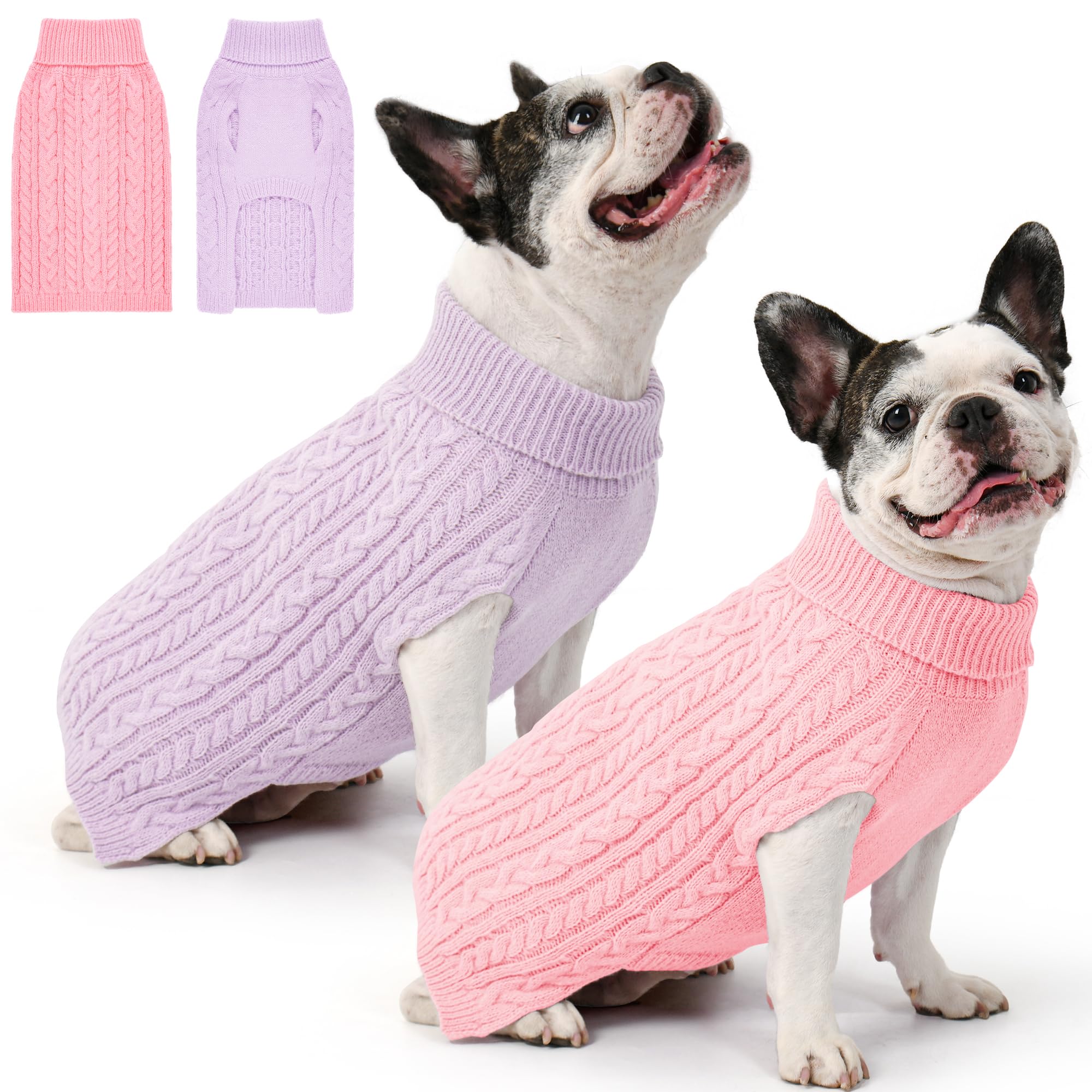 Lorehelina Dog Sweater 2 Pack for Medium Dogs, Size L - Pink & Purple Cable Knit Turtleneck, Machine Washable