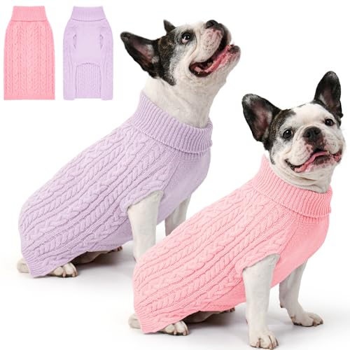 Lorehelina Dog Sweater 2 Pack for Medium Dogs, Size L - Pink & Purple Cable Knit Turtleneck, Machine Washable