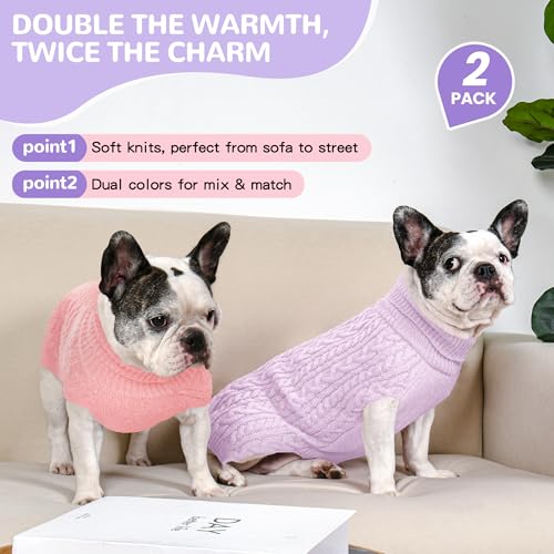 Lorehelina Dog Sweater 2 Pack for Medium Dogs, Size L - Pink & Purple Cable Knit Turtleneck, Machine Washable