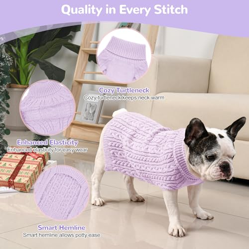 Lorehelina Dog Sweater 2 Pack for Medium Dogs, Size L - Pink & Purple Cable Knit Turtleneck, Machine Washable