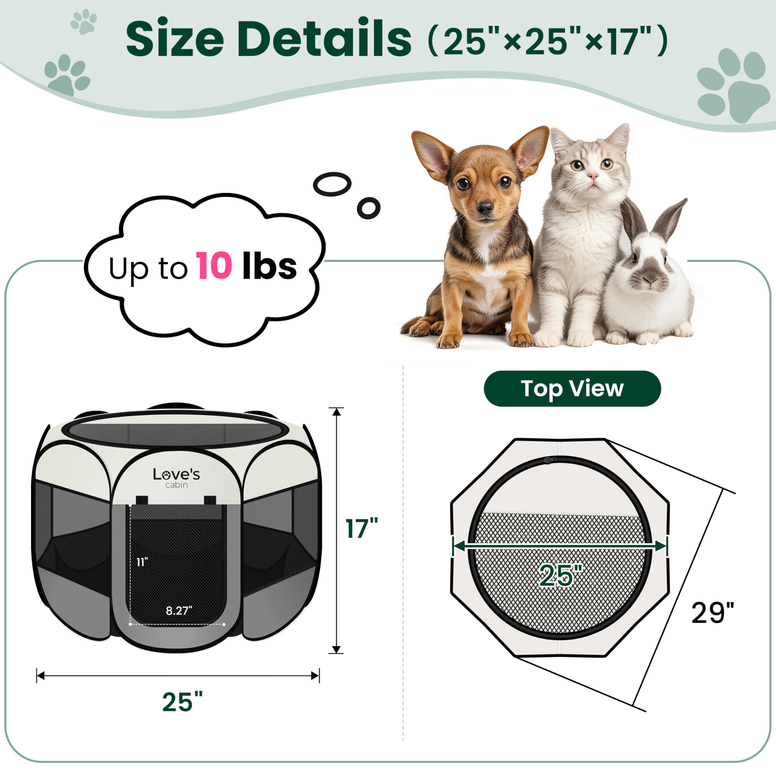 Love's cabin Small Pet Playpen, Grey - Portable Pop Up Dog Tent with Removable Top and Carrying Case
