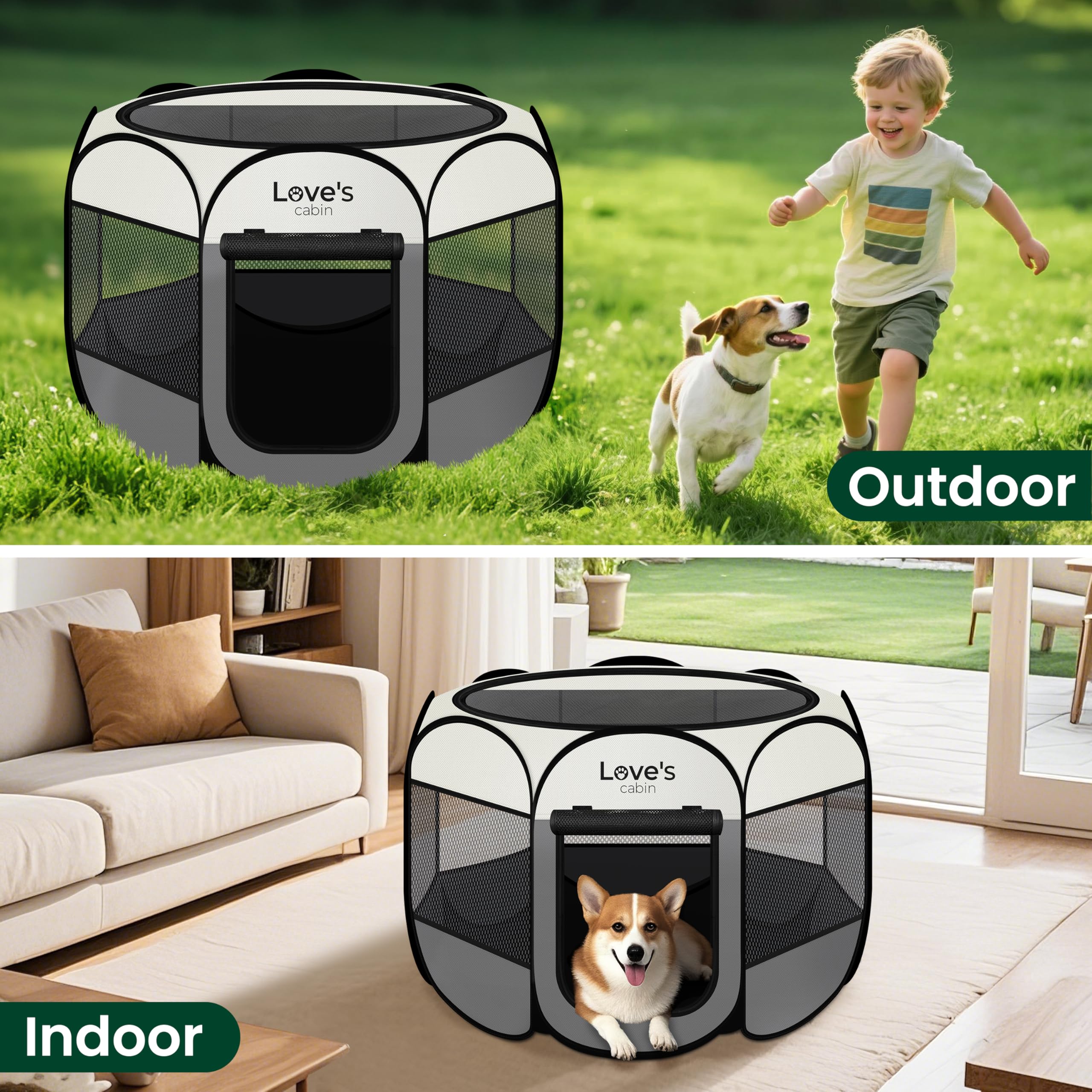 Love's cabin Small Pet Playpen, Grey - Portable Pop Up Dog Tent with Removable Top and Carrying Case
