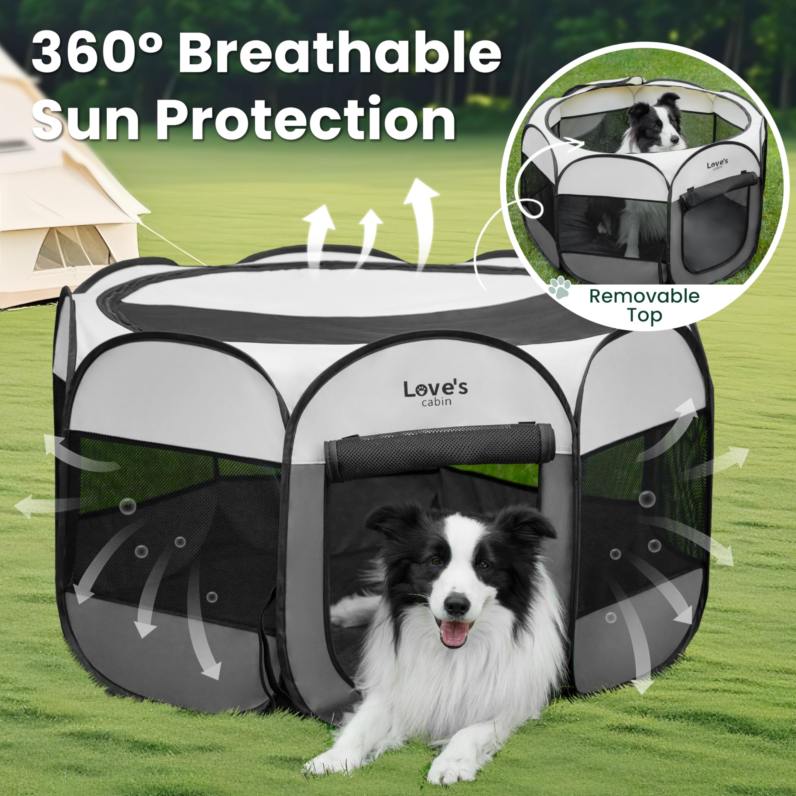 Love's cabin Small Pet Playpen, Grey - Portable Pop Up Dog Tent with Removable Top and Carrying Case