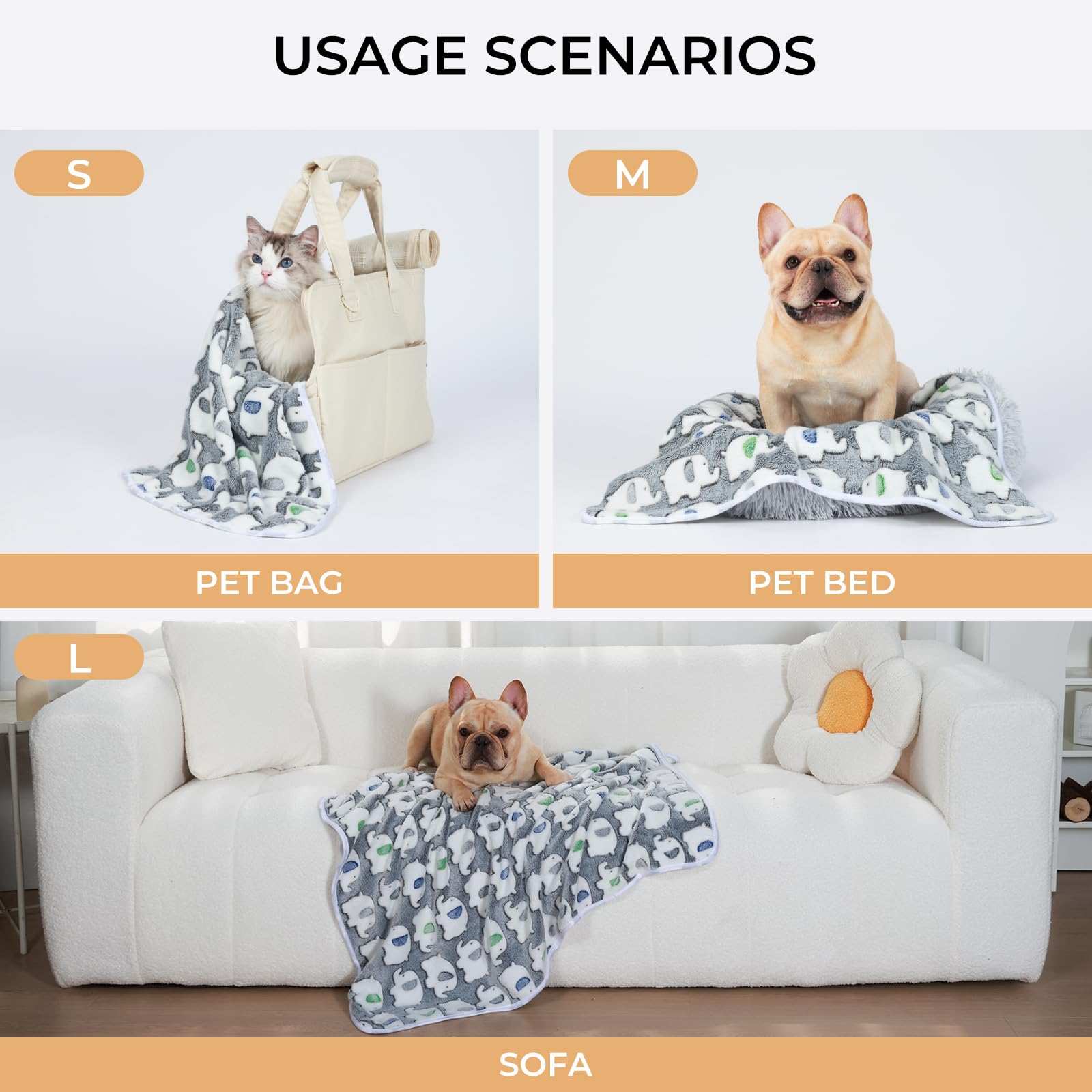 Luciphia 1 Pack of 3 Super Soft Flannel Pet Blankets - Cute Elephant Pattern, Dark Grey, Medium 30x20 inch